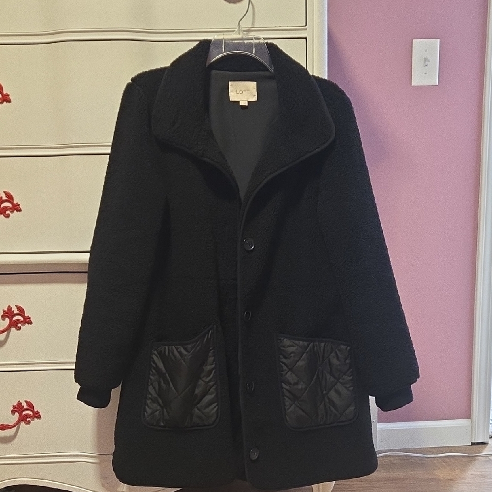 LOFT Women's Black Teddy Jacket with Quilted Pockets